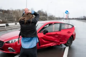 woman looking at damaged vehicle